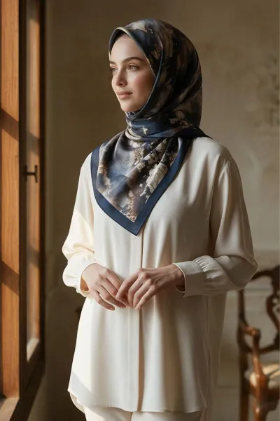 Lacivert 90x90 Cm Dijital Baskılı Yıldız Desen Kutulu Twill Eşarp 500988