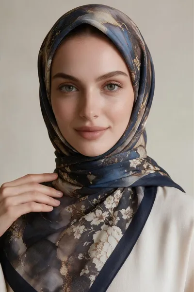 Lacivert 90x90 Cm Dijital Baskılı Yıldız Desen Kutulu Twill Eşarp 500988