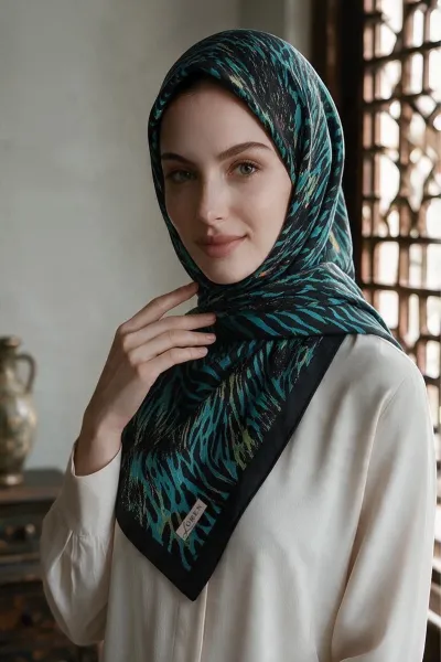 Lacivert 90x90 Cm Dijital Baskılı Zebra Desen Kutulu Twill Eşarp 500960