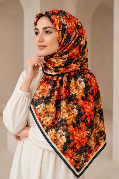 Lacivert 95x95 Cm Dijital Baskılı Botanik Desen Soft Eşarp 473305