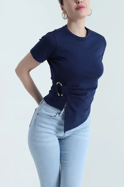 Lacivert Asimetrik Kesim Tokalı Kadın Ribana Bluz 446568