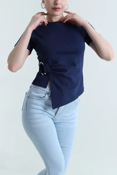 Lacivert Asimetrik Kesim Tokalı Kadın Ribana Bluz 446568