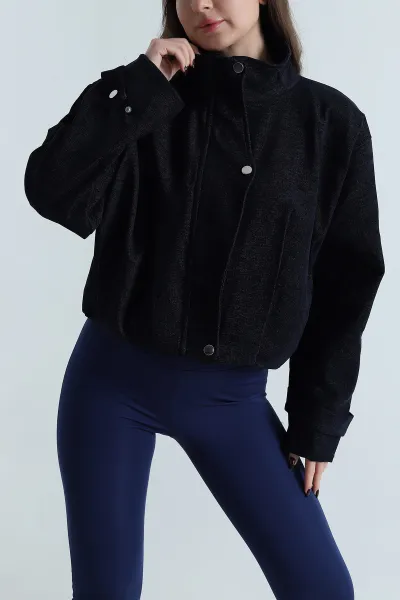 Lacivert Asimetrik Pat Detay Denim Modal Kadın Bomber Mont 499364
