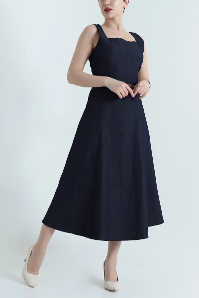Lacivert Askılı Kare Yaka Kadın Denim Elbise 438381