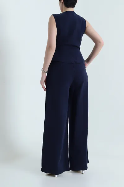 Lacivert Astarlı Kolsuz İthal Gabardin Kadın Tulum Elbise 454302