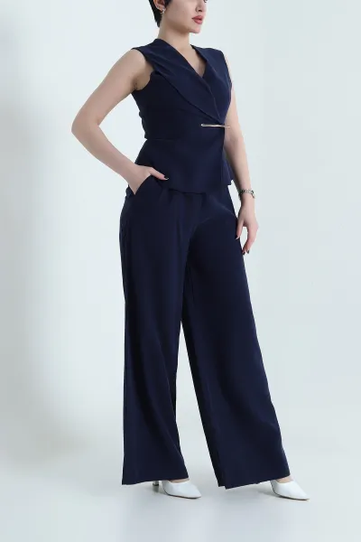 Lacivert Astarlı Kolsuz İthal Gabardin Kadın Tulum Elbise 454302