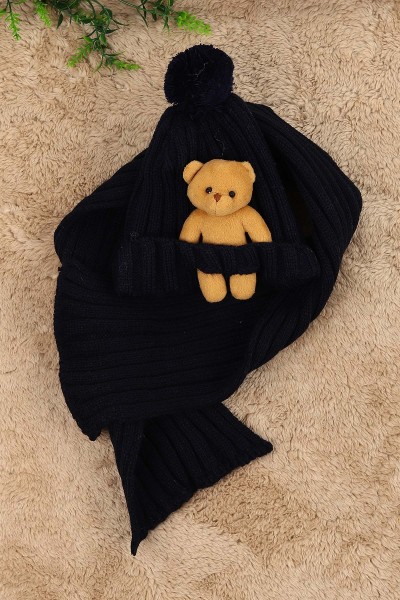 Lacivert (Atkı: 92 cm Bere: 19 cm) Ponpnlu Ayı Oyuncaklı Atkı Bere 156343
