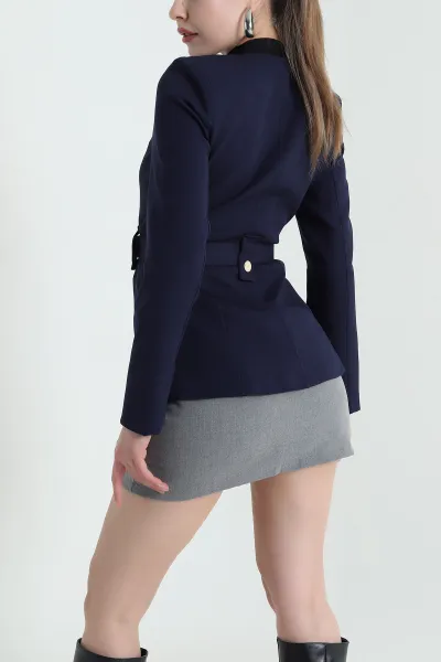 Lacivert Atlas Kemerli Vatkalı Kadın Ceket 434923
