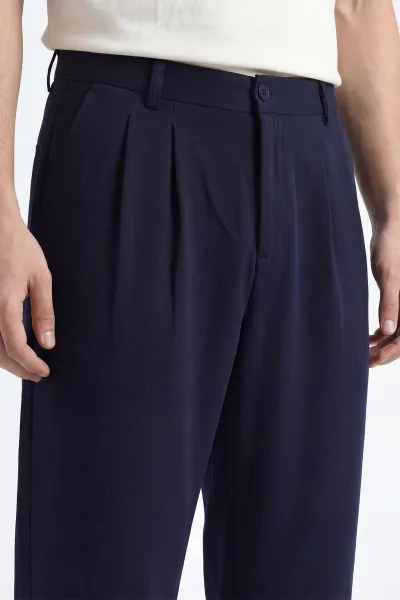 Lacivert Baggy Çift Pile Detaylı Bel Arkası Lastikli Erkek Kumaş Pantolon 449747