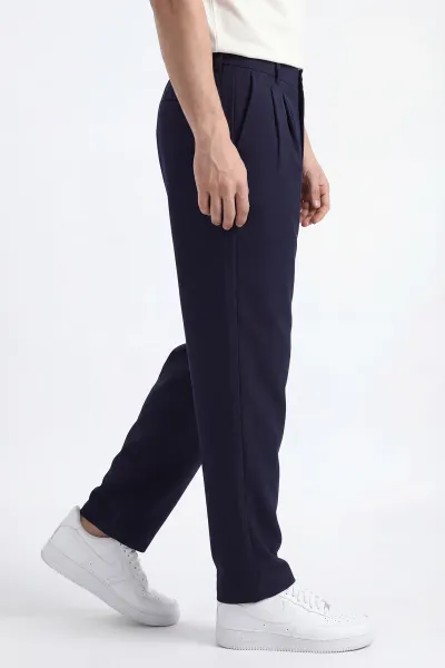 Lacivert Baggy Çift Pile Detaylı Bel Arkası Lastikli Erkek Kumaş Pantolon 449747