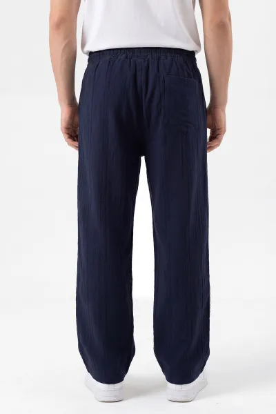 Lacivert Baggy Ham Keten Belden Bağlamalı Erkek Pantolon 459579