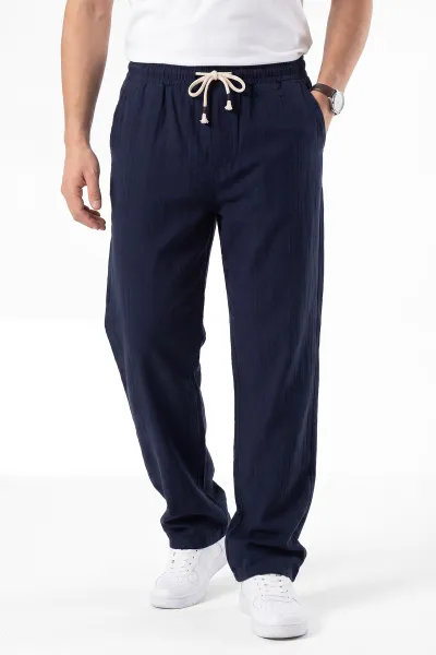 Lacivert Baggy Ham Keten Belden Bağlamalı Erkek Pantolon 459579