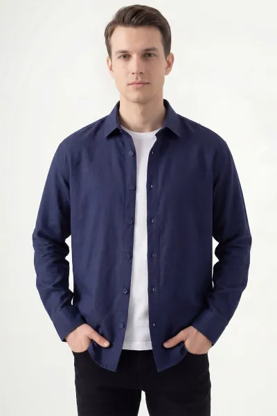 Lacivert Bambu Keten Oversize Erkek Gömlek 449839