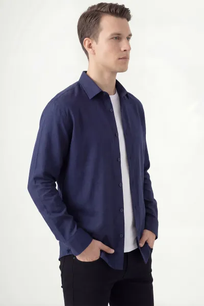 Lacivert Bambu Keten Oversize Erkek Gömlek 449839