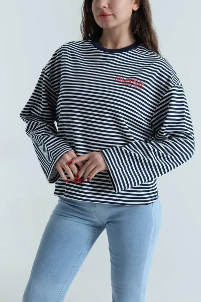 Lacivert Baskılı Çizgili Üç İp Kadın Sweat 496375