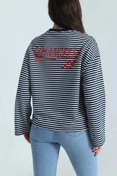Lacivert Baskılı Çizgili Üç İp Kadın Sweat 496375