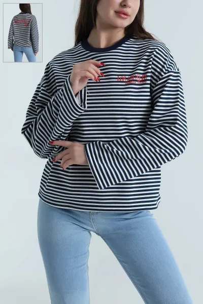 Lacivert Baskılı Çizgili Üç İp Kadın Sweat 496375