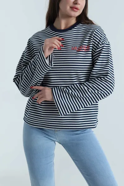 Lacivert Baskılı Çizgili Üç İp Kadın Sweat 496375