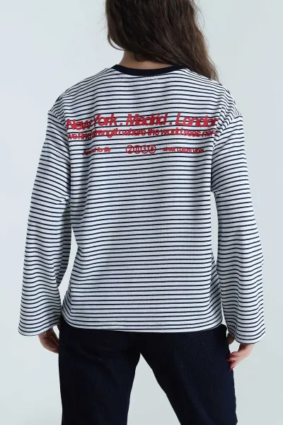 Lacivert Baskılı Çizgili Üç İp Kadın Sweat 496380