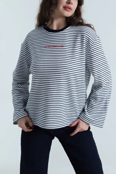 Lacivert Baskılı Çizgili Üç İp Kadın Sweat 496380