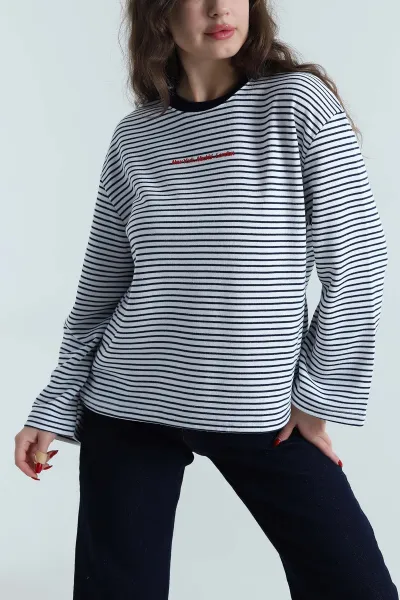 Lacivert Baskılı Çizgili Üç İp Kadın Sweat 496380
