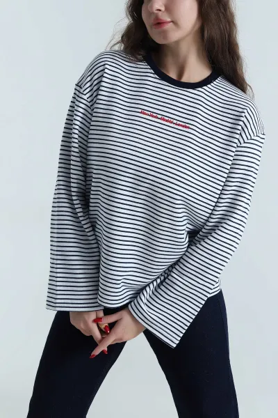 Lacivert Baskılı Çizgili Üç İp Kadın Sweat 496380