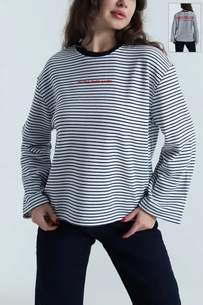 Lacivert Baskılı Çizgili Üç İp Kadın Sweat 496380