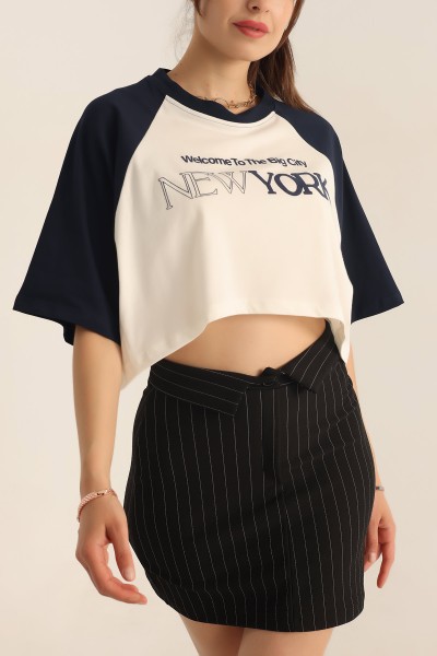 Lacivert Baskılı Crop Tişört 184620