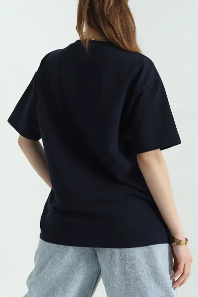 Lacivert Baskılı İki İp Kadın Oversize Tişört 356682