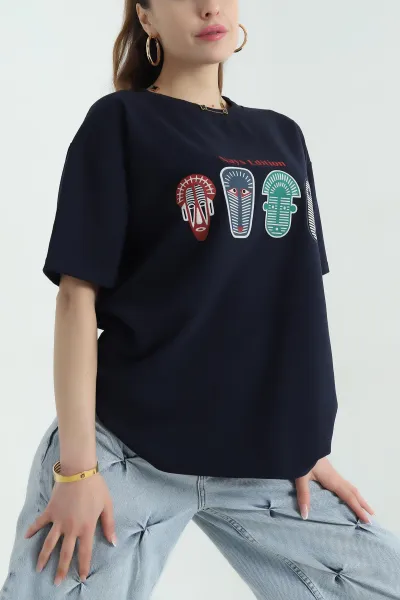 Lacivert Baskılı İki İp Kadın Oversize Tişört 356682