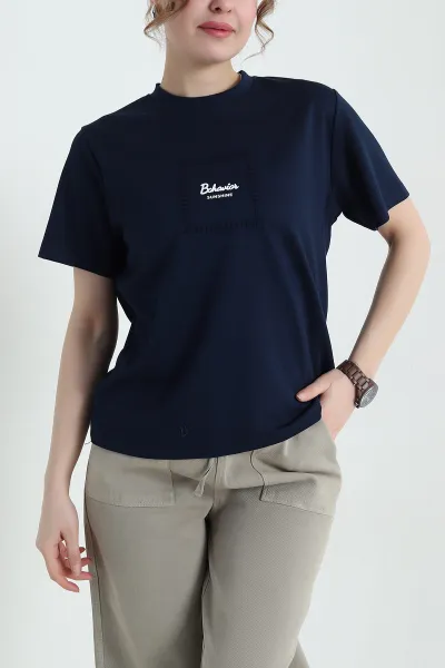 Lacivert Baskılı İnterlok Kadın Tişört 435209