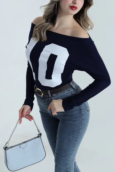 Lacivert Baskılı Kayık Yaka Modal Kadın Bluz 497578