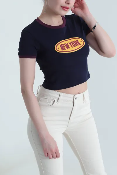 Lacivert Baskılı Kompak Crop Kadın Tişört 454128