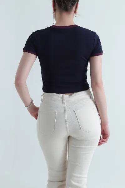 Lacivert Baskılı Kompak Crop Kadın Tişört 454128