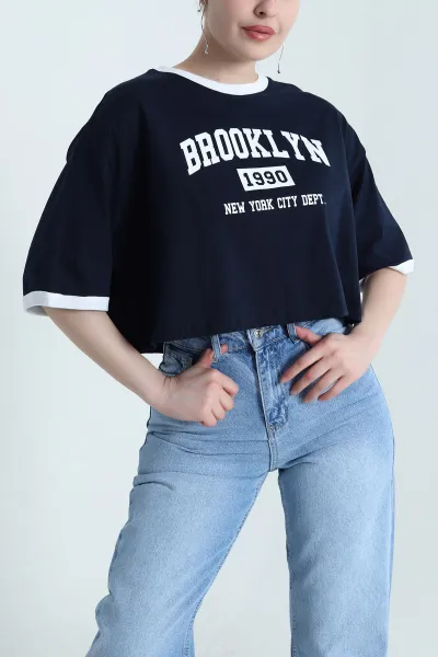 Lacivert Baskılı Kompak Kadın Crop 455152