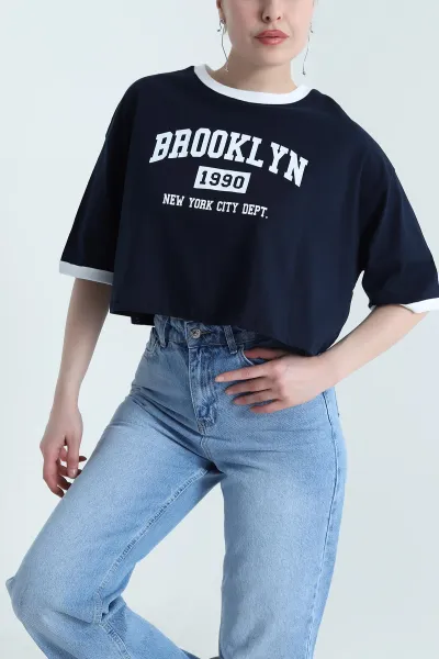 Lacivert Baskılı Kompak Kadın Crop 455152