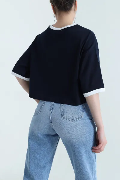 Lacivert Baskılı Kompak Kadın Crop 455152