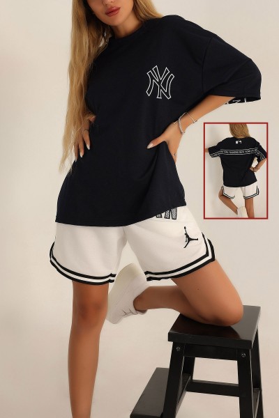 Lacivert Baskılı Oversize Bayan Tişört 193615