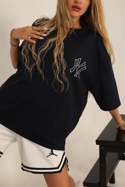 Lacivert Baskılı Oversize Bayan Tişört 193615