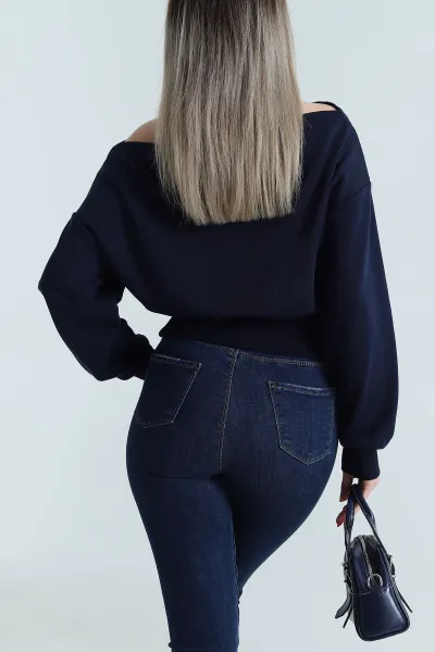 Lacivert Baskılı Şardonsuz Üç İp Kadın Fermuarsız Sweat 491691