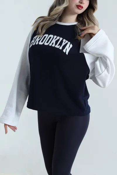 Lacivert Baskılı Üç İp Kadın Sweat 496370