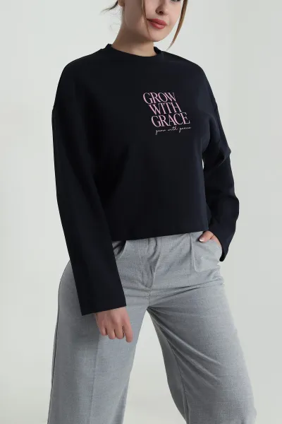 Lacivert Baskılı Uzun Kollu Vortex Kadın Sweat 487191