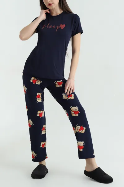 Lacivert Baskılı Viskon Kadın Pijama Takımı 347349