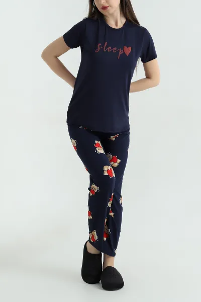 Lacivert Baskılı Viskon Kadın Pijama Takımı 347349