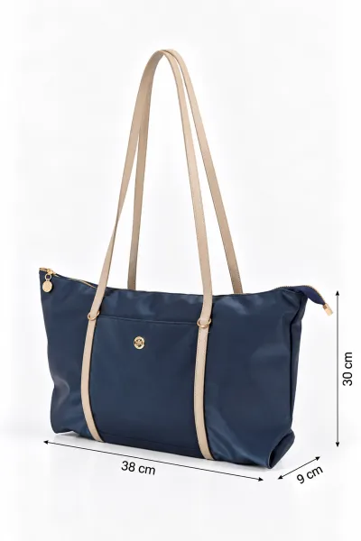 Lacivert Bej Saten Fermuarlı Ön Cep Detaylı Kadın El Kol ve Omuz Çantası 490818