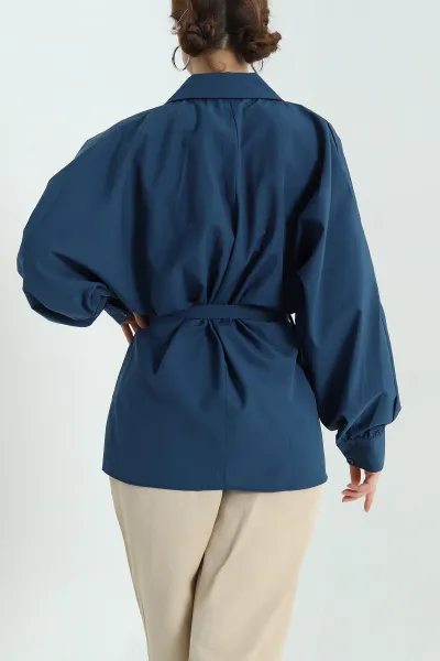 Lacivert Bel Bağlamalı Oversize Poplin Tunik Gömlek 336942