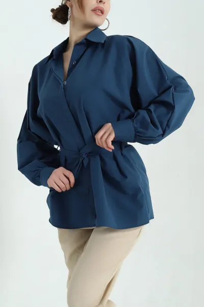 Lacivert Bel Bağlamalı Oversize Poplin Tunik Gömlek 336942