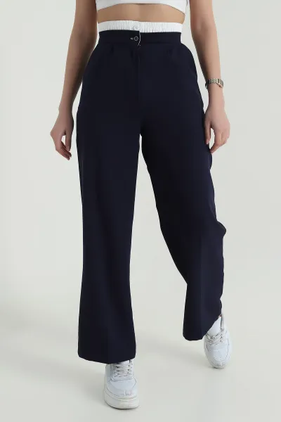 Lacivert Bel Lastik Garnilli Palazzo Cepli Kadın Atlas Pantolon 421045
