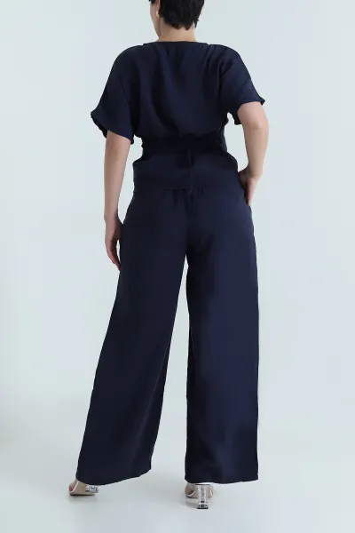 Lacivert Bel Lastikli Bagcıklı Tencel Kadın İkili Takım 475636
