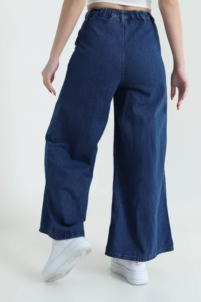Lacivert Bel Lastikli Bol Paça Kadın Kot Pantolon 434813
